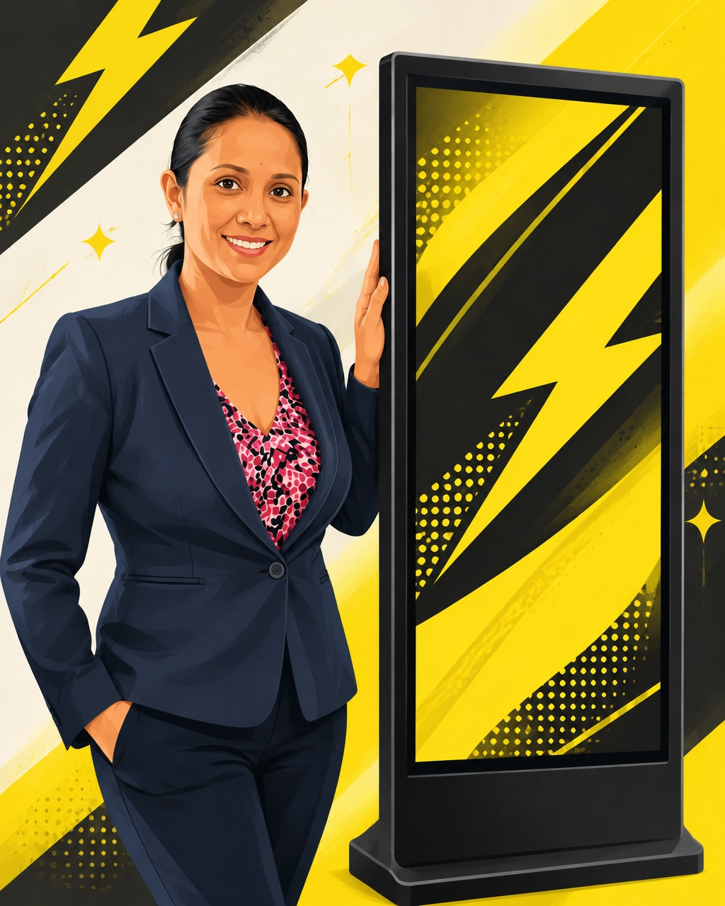 Ces, ShockStand sales rep, beside a ShockStand kiosk