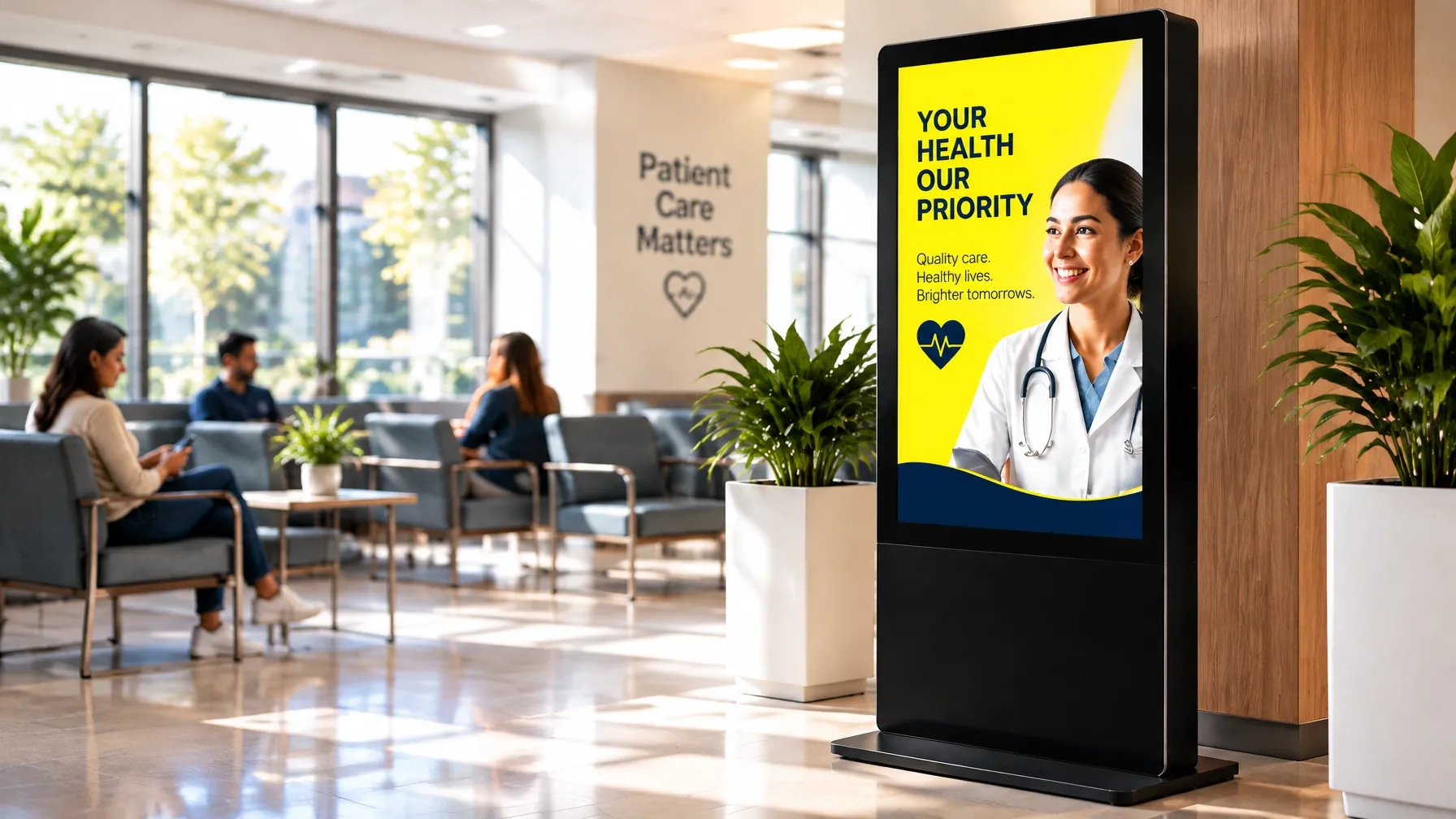 Digital advertising kiosk in a bright medical office waiting room