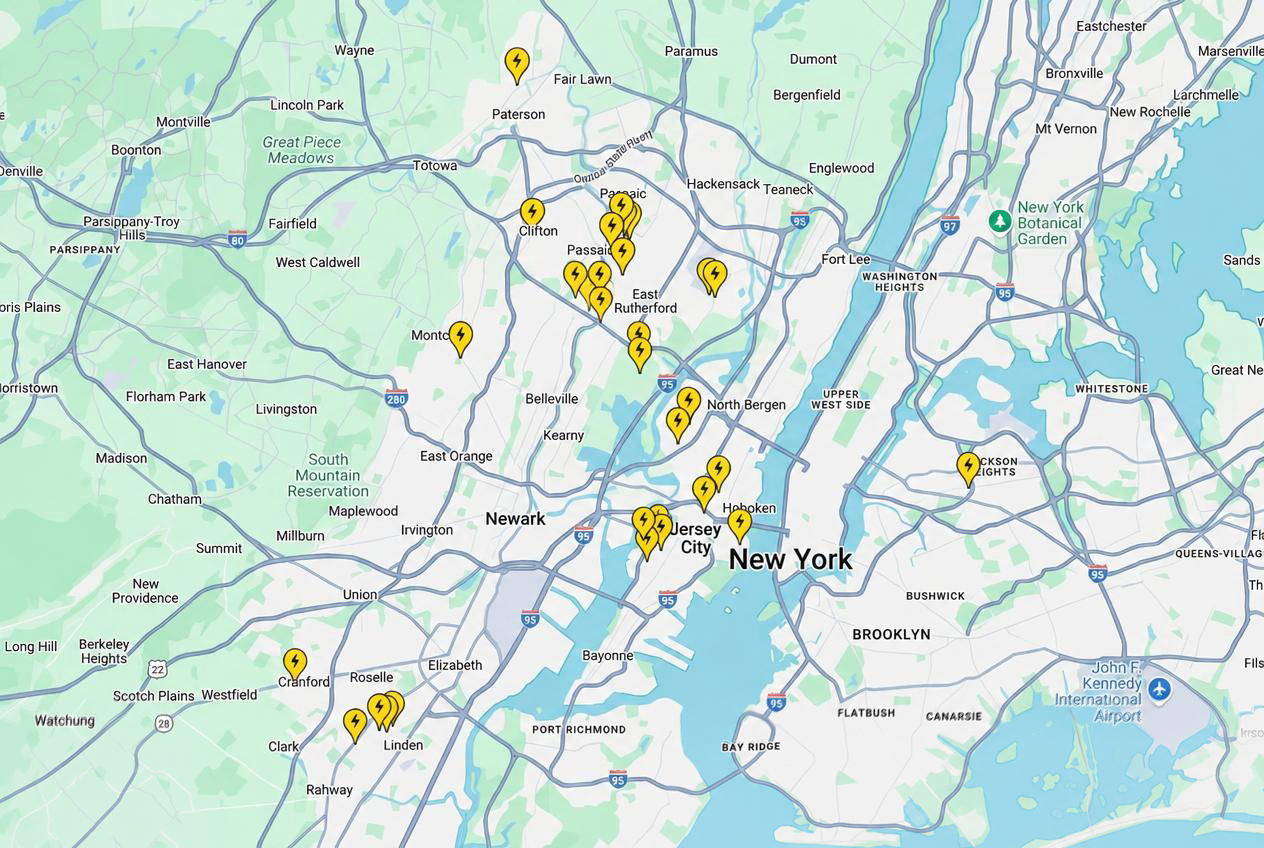 Map of ShockStand kiosk locations across North Jersey and New York