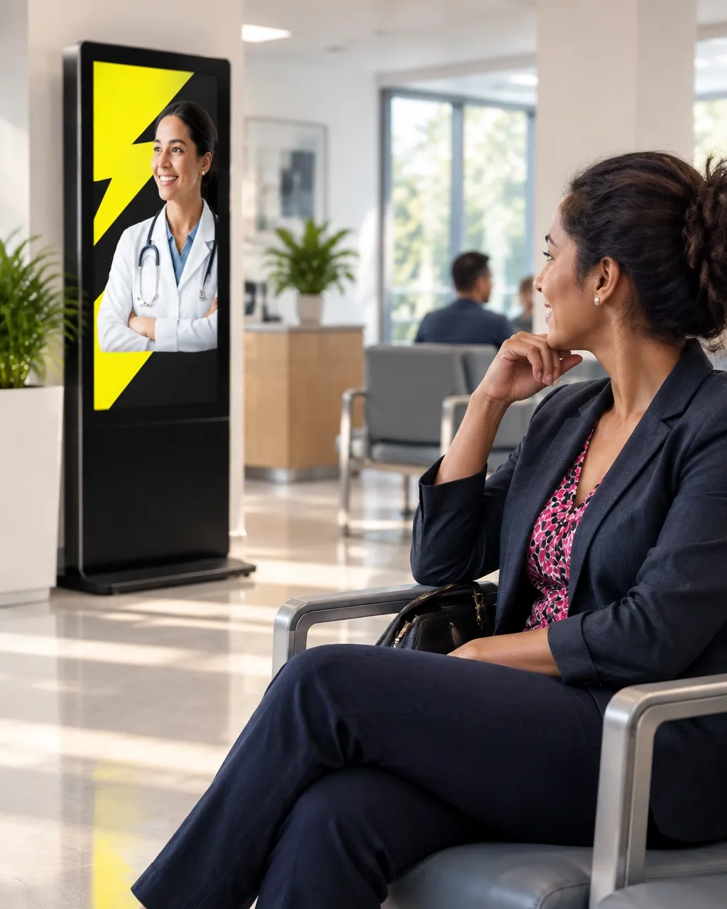 A customer waiting near a digital screen in a comfortable clinic